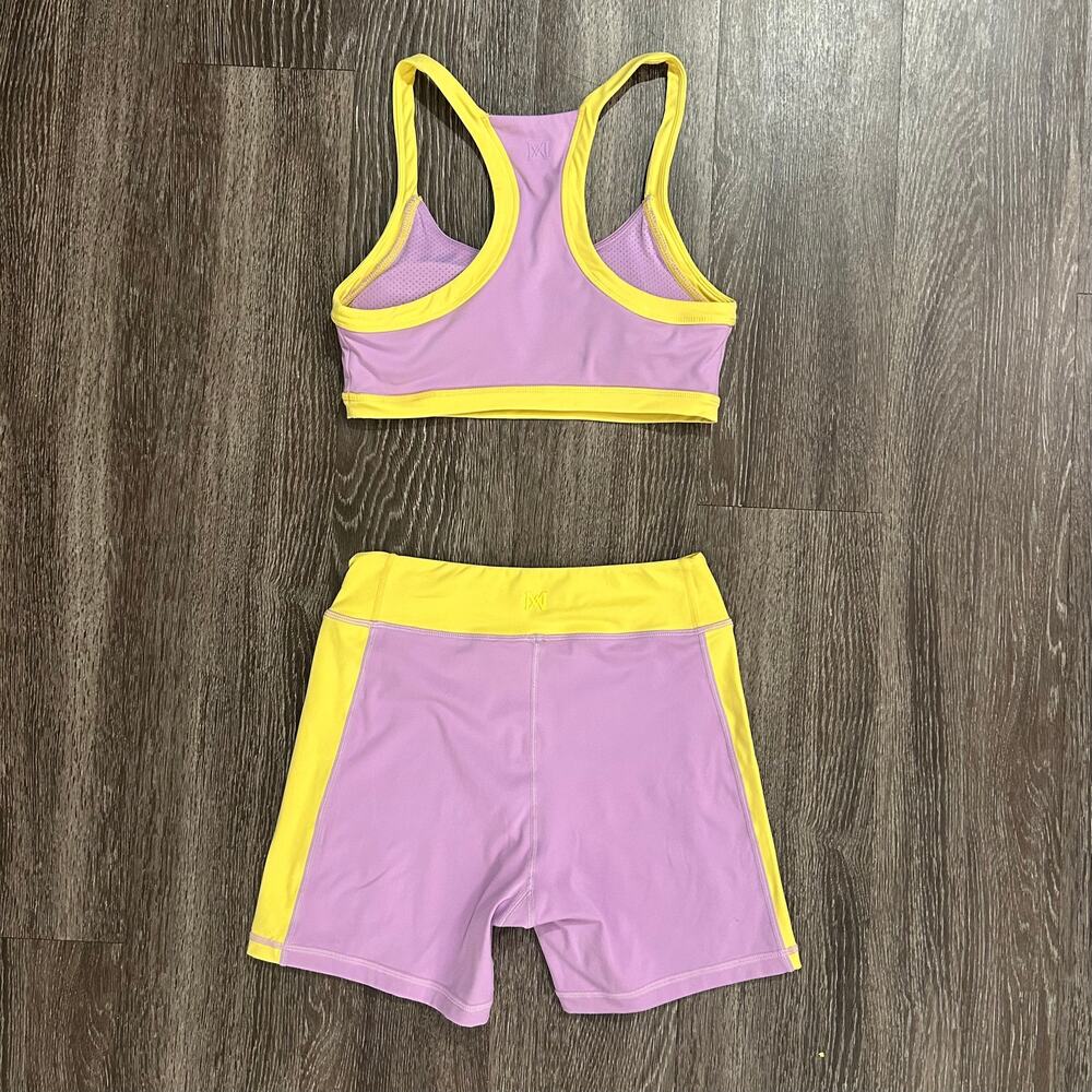 MESHKI Becca Two Tone Lilac & Yellow Workout Set Sports Bra & Biker Shorts EUC - Picture 13 of 16